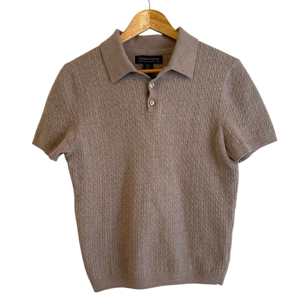 Christian Lacroix Tan 100% ExtraFine Merino Wool Short Sleeve Polo Style Sweater